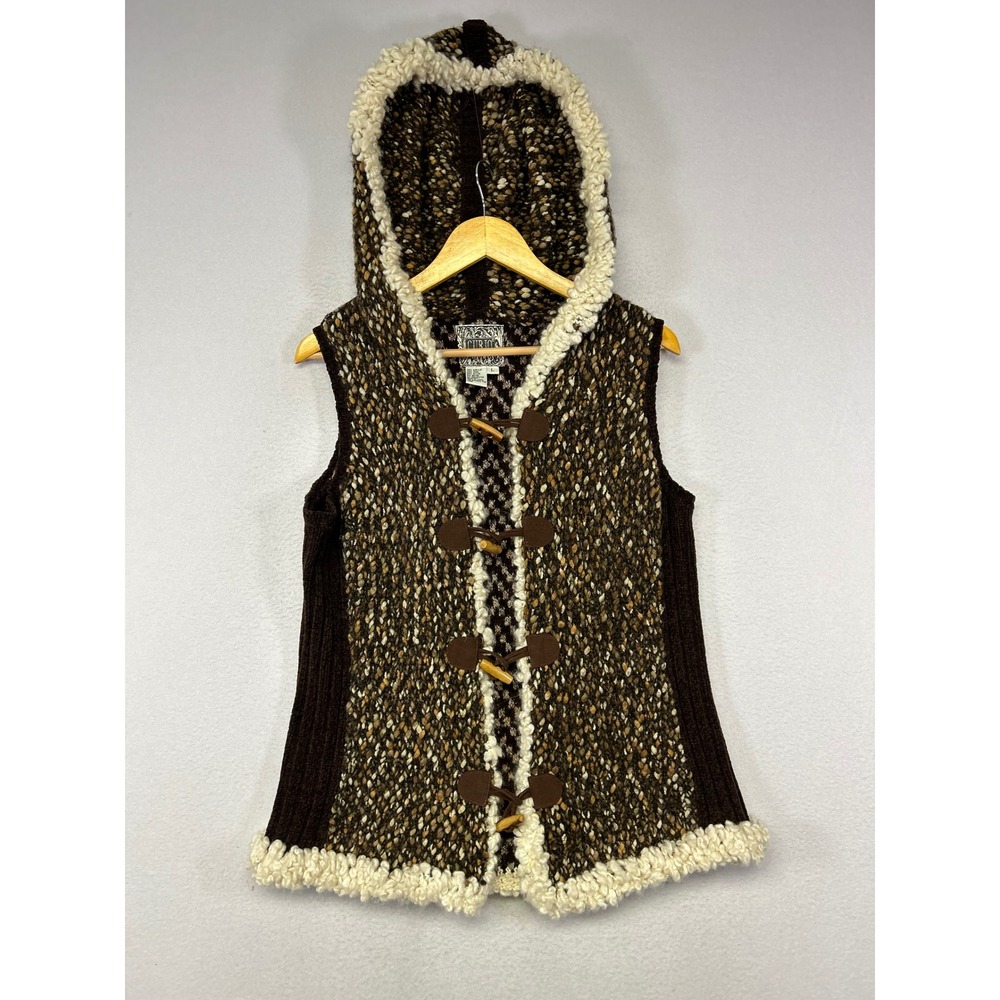 Boho Gorpcore Curio Women L Brown Wool Blend Hooded Toggle Knit Sherpa Trim Vest